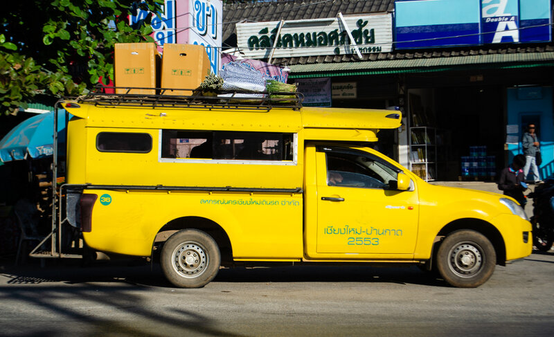 นั่งรถประจำทาง เที่ยวปางช้าง ล่องแพแม่วาง เชียงใหม่ รถสีเหลืองเชียงใหม่-บ้านกาด