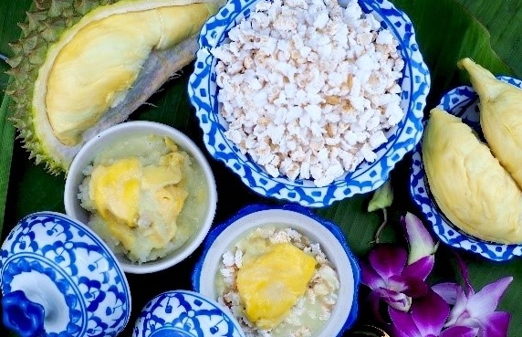 ข้าวตอกน้ำกะทิทุเรียนนนท์ อาหารประจำจังหวัดนนทบุรี ข้าวตอกน้ำกะทิทุเรียนนนท์